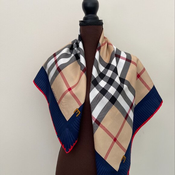NWT Burberry Scarf Logo Iconic Beige Check Blue Border Silk Wrap - Picture 5 of 16